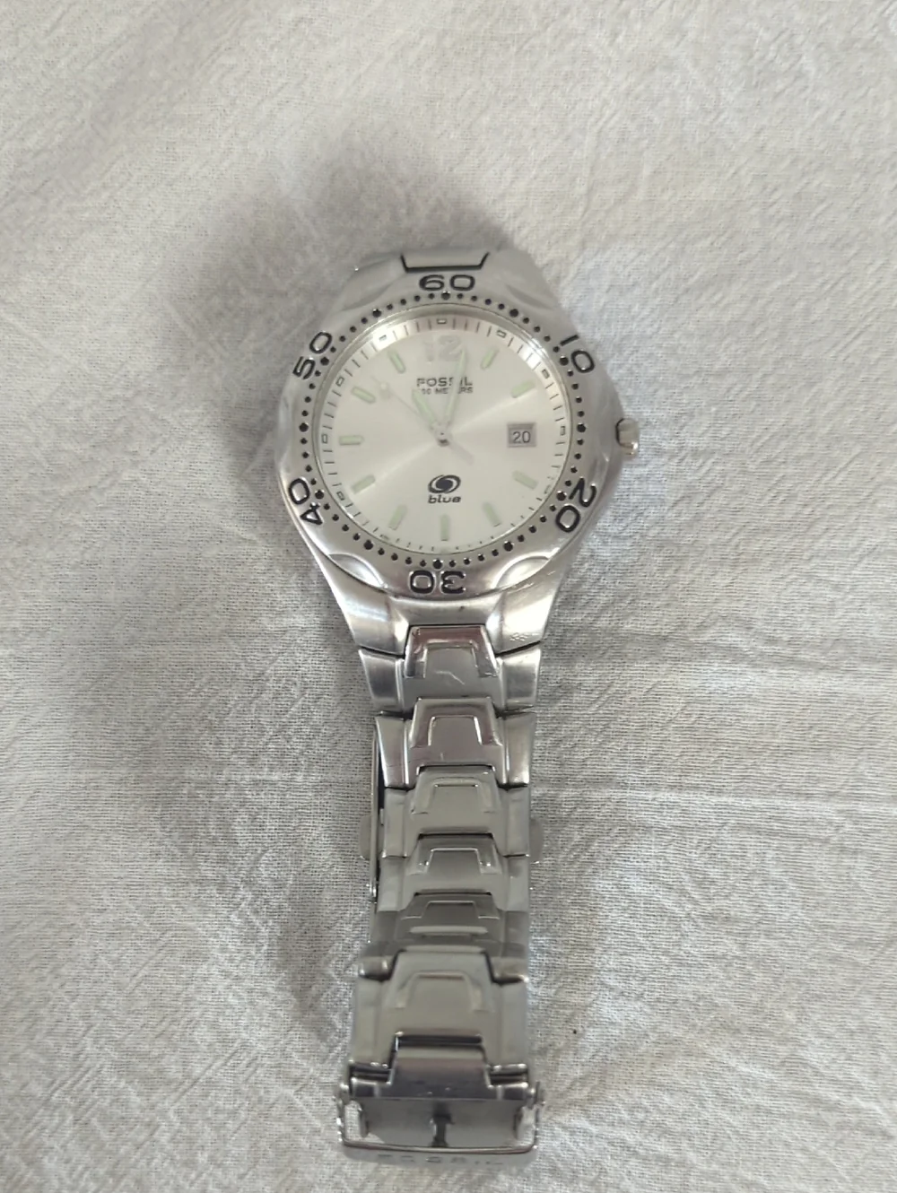 Vintage Fossil Blue AM-3572 Men's Sport Watch - Silver Sunburst Dial 100M